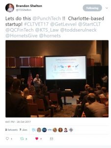 From @TFXShelton - Lets do this @PunchTech !! Charlotte-based startup! #CLTVET17 @GetLevvel @StartCLT @QCFinTech @KTS_Law @toddserulneck @HornetsGive @hornets
