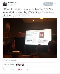From @ianfaison - "75% of students admit to cheating" // The legend Mike Murphy, COO of @ProctorFree pitching at #CLTVET17