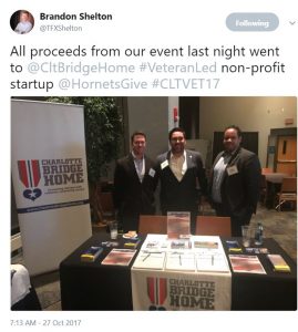 From @TFXShelton - All proceeds from our event last night went to @CltBridgeHome #VeteranLed non-profit startup @HornetsGive #CLTVET17
