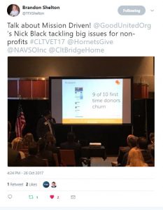 From @TFXShelton – Talk about Mission Driven! @GoodUnitedOrg’s Nick Black tackling big issues for non-profits #CLTVET17 @HornetsGive @NAVSOInc @CltBridgeHome